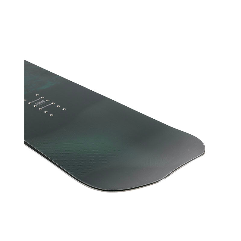 A close-up of a snowboard's tale showing a dark green to black gradient with subtle graphic text and dots on the left side, set against a plain white background.