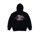 A black pullover hoodie shown from the back, featuring a graphic print with the text 'Always BEYOND DADS. Forever.