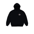 A black pullover hoodie with a small white and red graphic on the left chest, displayed flat against a solid gray background.