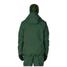 A person shown from the back wearing a dark green hooded jacket, matching green pants, black gloves, and a green camouflage beanie against a plain white background.