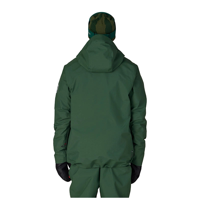 A person shown from the back wearing a dark green hooded jacket, matching green pants, black gloves, and a green camouflage beanie against a plain white background.