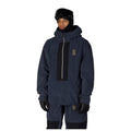 A model wearing a dark navy ribbed snow jacket with a black front zipper panel, black gloves, a black balaclava, and ski goggles on a white background.