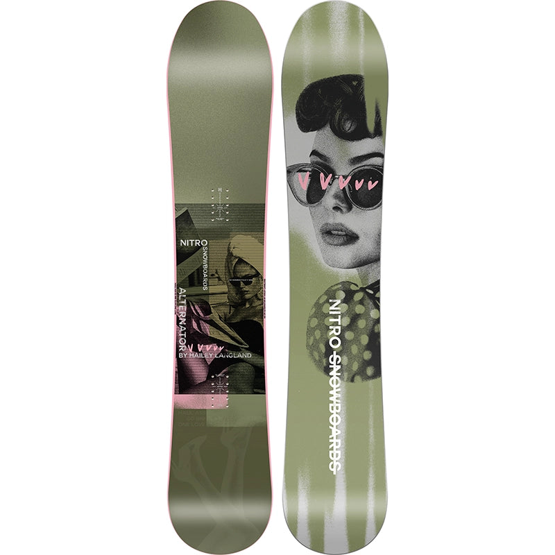 Nitro snowboard with a design of a woman wearing sunglasses on a white background