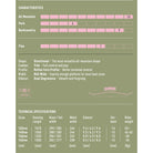 A green informational product graphic showing mountain bike boot compatibility and sizing details, including a 'Characteristics' section with bar charts for All Mountain, Park, Backcountry, and Flex, plus a 'Technical Specifications' table with sizes, running length, toe/tail width, waist width, sidecut, set back, and rider weight.