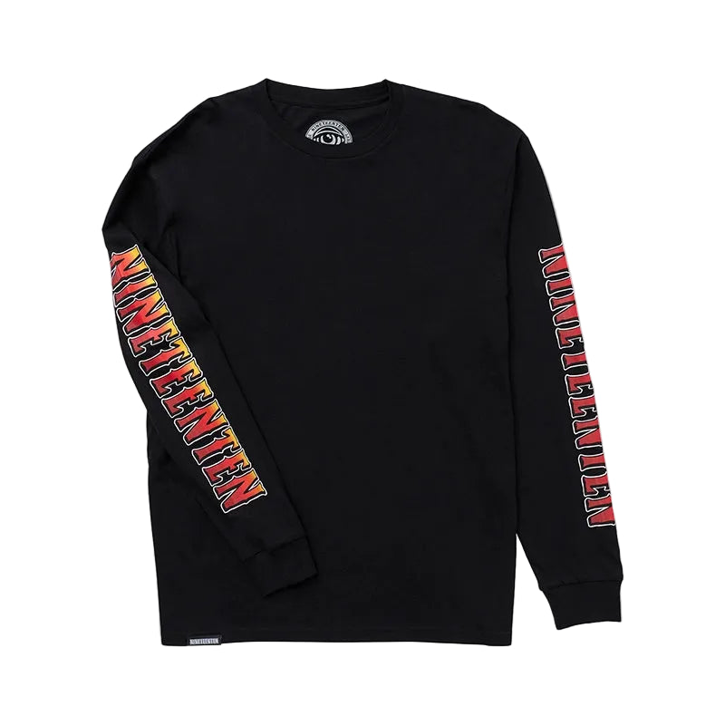 A black long-sleeve t-shirt with 'HUNTERMAN' printed vertically in red, orange, and yellow on both sleeves, shown flat on a light gray background.