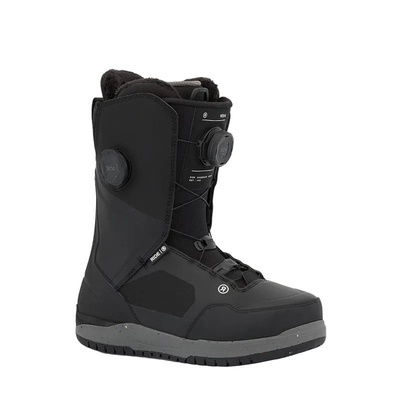 A single black Ride snowboard boot with a BOA dial closure system, shown from a three-quarters angle against a light gray background.