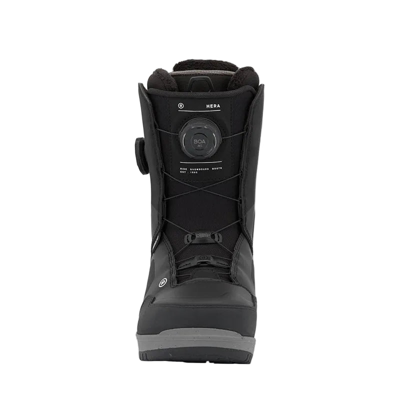 A single black Ride Hera snowboard boot shown from the front against a light gray background.