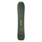 A dark olive green snowboard shown from the top side against a plain white background, featuring yellow graphic accents and white binding footprints.