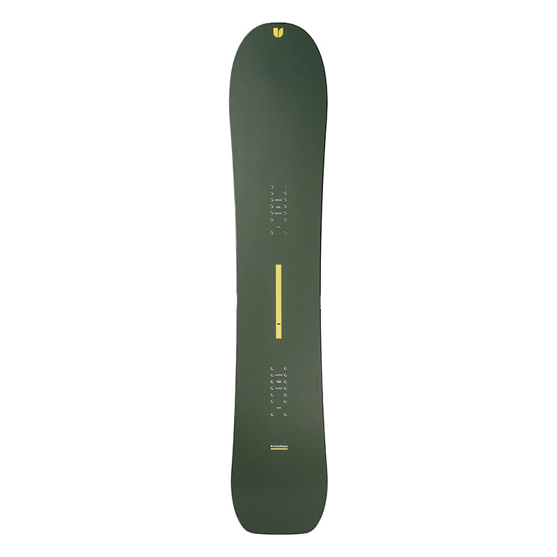 A dark olive green snowboard shown from the top side against a plain white background, featuring yellow graphic accents and white binding footprints.