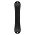 A black snowboard shown from the top view against a solid white background, featuring a subtle matte finish and small white logo details at the nose and tail.