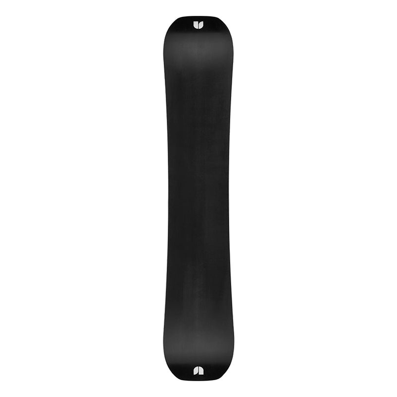 A black snowboard shown from the top view against a solid white background, featuring a subtle matte finish and small white logo details at the nose and tail.