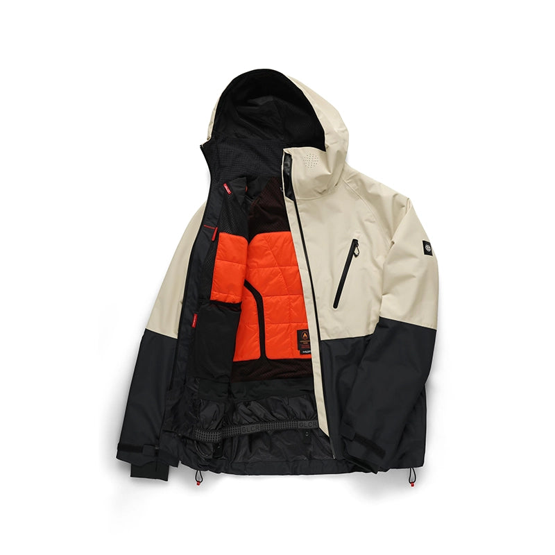 A hooded color-blocked ski jacket shown open against a white background. The jacket features a cream upper section, black lower sections and hood, and a bright orange quilted chest panel.