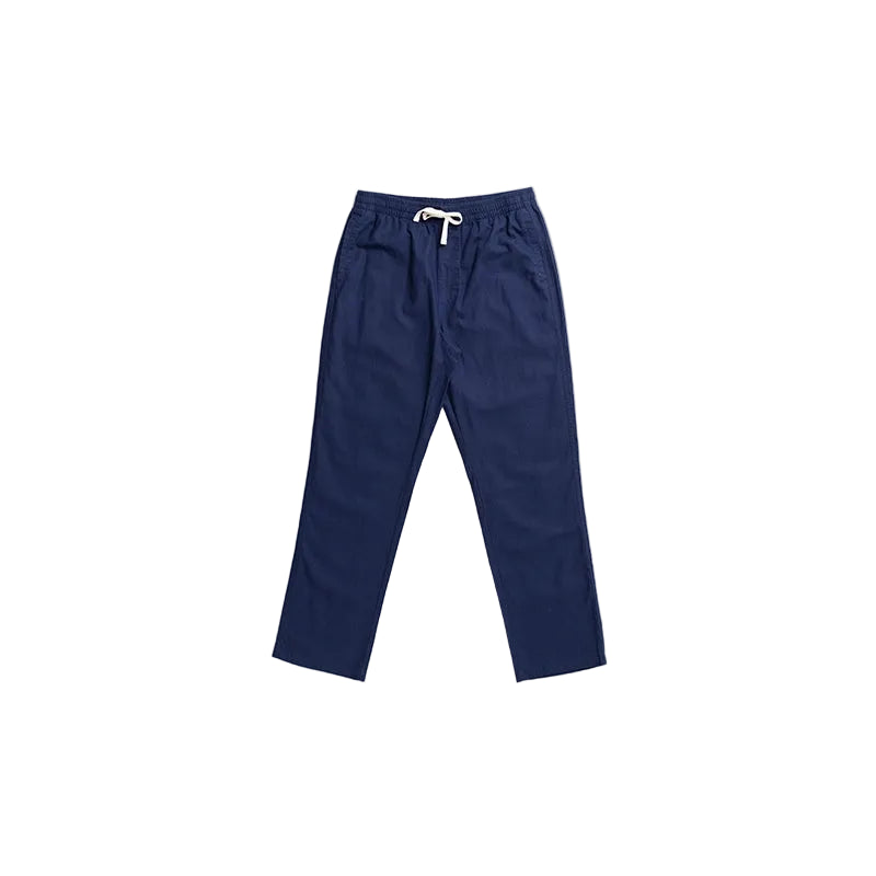 A pair of navy blue cropped pants with an elastic waistband and a white drawstring, shown flat on a white background.
