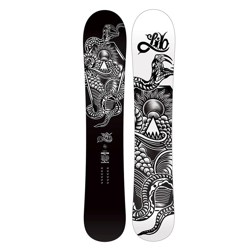 Front and back views of a snowboard with intricate black and white snake and sun illustrations. The left side of the board is black with white graphics, and the right side is white with black graphics.