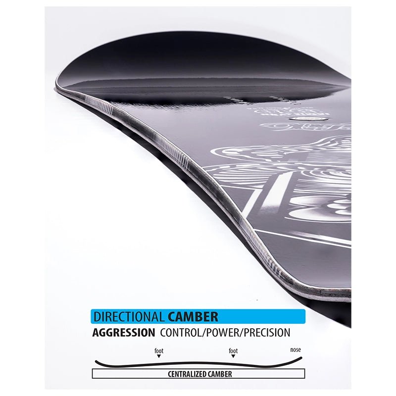Close-up of a directional camber snowboard showing the base profile, camber curvature, and printed graphics, with text labels at the bottom comparing directional camber to centered camber.