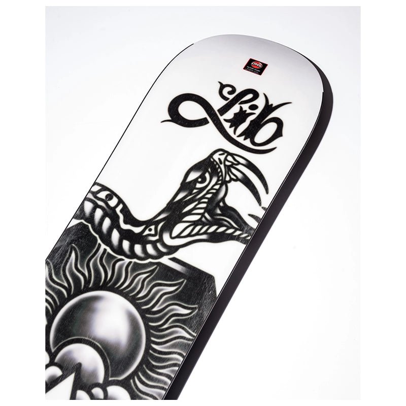 A close-up of a skateboard deck featuring a black and white graphic design with a snake, flames, and the Rib brand logo near the top edge.