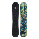 A snowboard shown from both sides against a plain white background. The left side shows a dark charcoal/black textured base with binding mount areas, and the right side shows a vibrant, multicolored floral pattern in teal, yellow, and dark blue with a white and black K2 logo.
