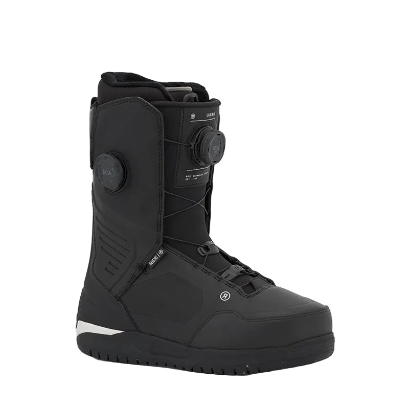 A black Ride snowboard boot with a BOA dial system, shown from a side profile against a light gray background.