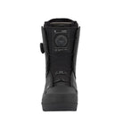 A black Lasso snowboard boot with a dial closure system, shown from the front against a light gray background.