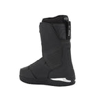 A black snowboard boot shown from the side against a light gray background. The boot features a padded collar, a heel strap with a white 'RIDE' logo, and a white accent near the sole.