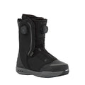 A black Ride snowboard boot with a dial closure system, shown from a three-quarters angle against a light gray background.