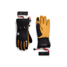 A pair of black and tan Sixteigs Sixeights waterproof gloves shown flat on a white background, with their corresponding black wrist straps displayed above and below.