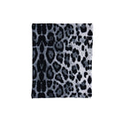 A square fabric item, likely a scarf or face covering, featuring a black and gray leopard print pattern on a white background.