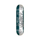 A skateboard deck shown vertically against a light gray background. The deck has a split design with dark teal on the left and white on the right, featuring graffiti-style graphics and the text 'HELLO' and 'LOVE & KICKS'.