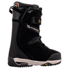A black Teampro snowboard boot with gray and white accents on the sole, featuring a hook-and-loop strap closure with a gold logo, set against a plain white background.