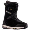 A black Nike snowboard boot with 'TEAM PRO' and 'TLS' branding, featuring a black and white sole with a small yellow Vibram logo, shown against a plain white background.
