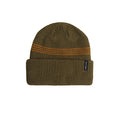 An olive green ribbed knit beanie hat with two horizontal orange stripes near the top and a small black brand tag on the folded cuff, shown against a plain white background.