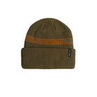 An olive green ribbed knit beanie hat with two horizontal orange stripes near the top and a small black brand tag on the folded cuff, shown against a plain white background.