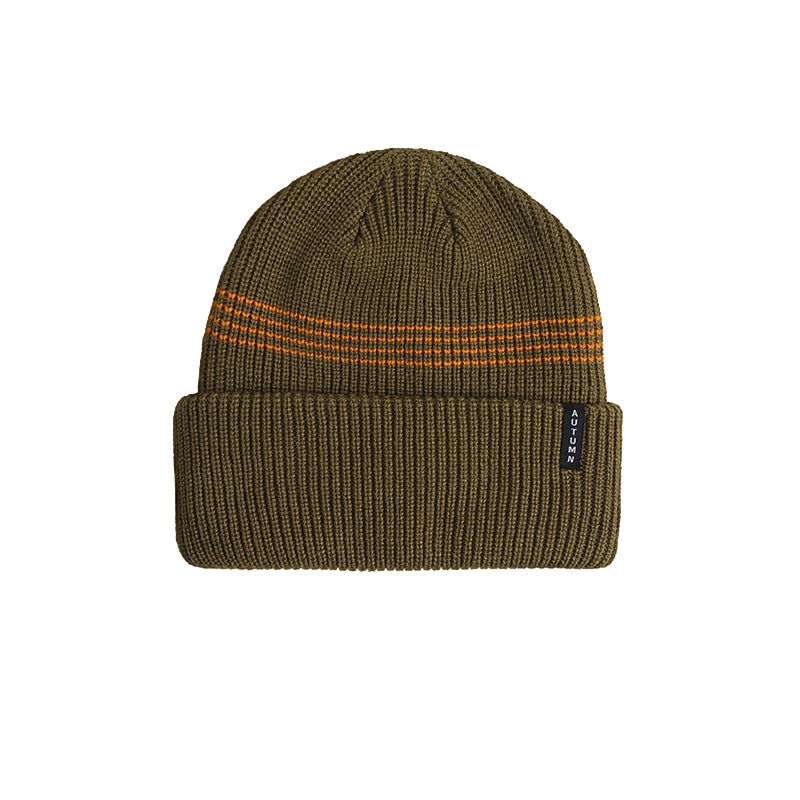 An olive green ribbed knit beanie hat with two horizontal orange stripes near the top and a small black brand tag on the folded cuff, shown against a plain white background.