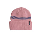 A pink ribbed knit beanie hat with a folded cuff, featuring a navy blue and white patterned stripe across the top and a small black RECO brand tag on the cuff, shown against a plain white background.
