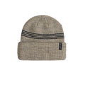 A beige and brown marled knit beanie hat with three black horizontal stripes across the crown and a small black brand tag on the cuff, shown against a plain white background.