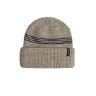 A beige and brown marled knit beanie hat with three black horizontal stripes across the crown and a small black brand tag on the cuff, shown against a plain white background.