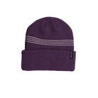 A dark purple ribbed knit beanie hat with three horizontal white stripe details on the crown and a small black brand tag on the folded cuff, shown against a plain white background.
