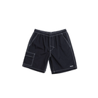 A pair of dark navy blue cargo shorts with high-waisted styling, featuring prominent white contrast stitching and a small white logo on the lower right leg, laid flat against a light beige background.