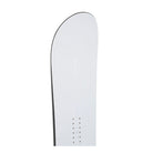 A white snowboard  against a solid white background, featuring a black edge and pre-guiled binding holes.