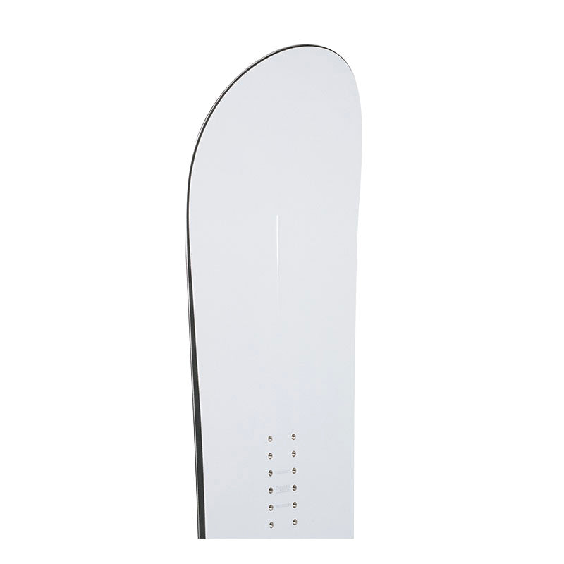 A white snowboard  against a solid white background, featuring a black edge and pre-guiled binding holes.