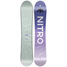 Two views of a Nitro snowboard side-by-side against a white background, showing the green reverse side and the purple Nitro side with a black bird logo and white lettering.