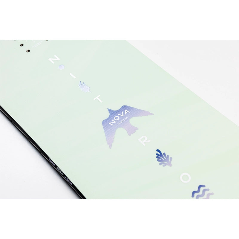 A close-up of a pale mint green notebook or journal page with a black binding edge visible along the left side. The page features a stylized bird logo in a lavender-to-blue gradient with the text 'NOVA' inside, surrounded by scattered decorative letters and small abstract motifs.