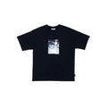 A black short-sleeve crewneck t-shirt featuring a square anime graphic print on the chest, displayed flat against a solid gray background.