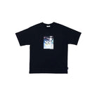 A black short-sleeve crewneck t-shirt featuring a square anime graphic print on the chest, displayed flat against a solid gray background.