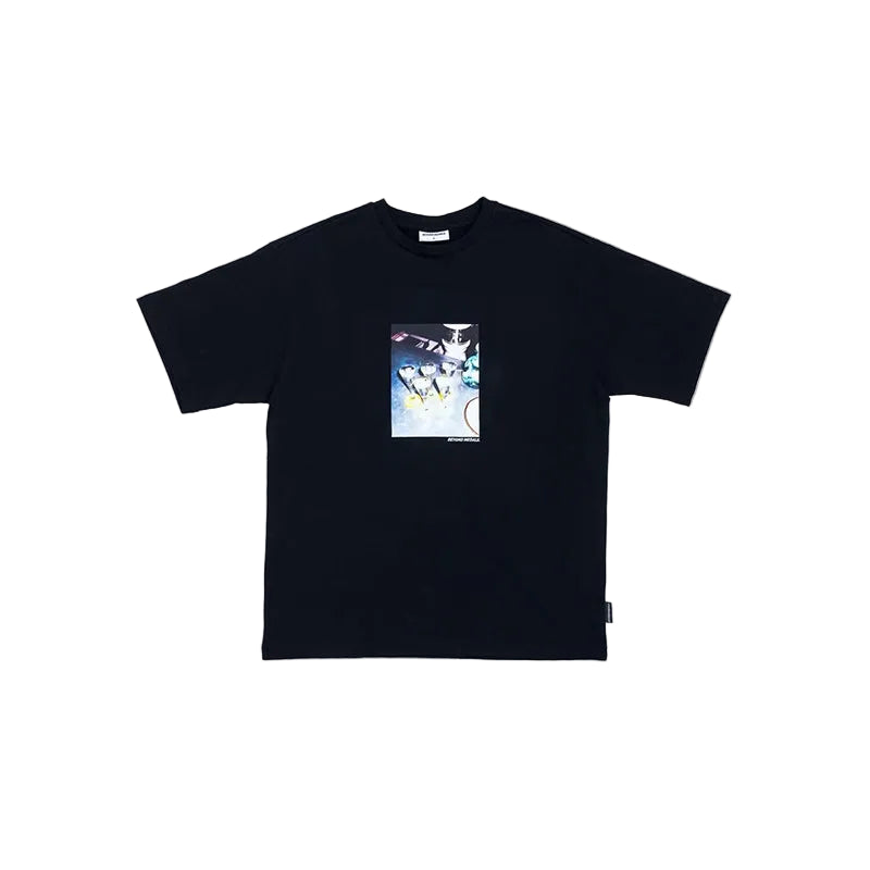 A black short-sleeve crewneck t-shirt featuring a square anime graphic print on the chest, displayed flat against a solid gray background.