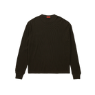 A dark brown ribbed knit long-sleeve shirt shown from the back, featuring a crew neck and ribbed cuffs, on a solid white background.