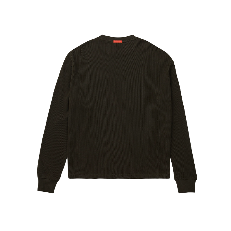 A dark brown ribbed knit long-sleeve shirt shown from the back, featuring a crew neck and ribbed cuffs, on a solid white background.
