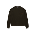 A dark olive brown ribbed long-sleeve crewneck shirt with a chest pocket and a small orange logo patch, shown flat on a white background.