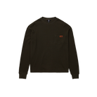 A dark olive brown ribbed long-sleeve crewneck shirt with a chest pocket and a small orange logo patch, shown flat on a white background.