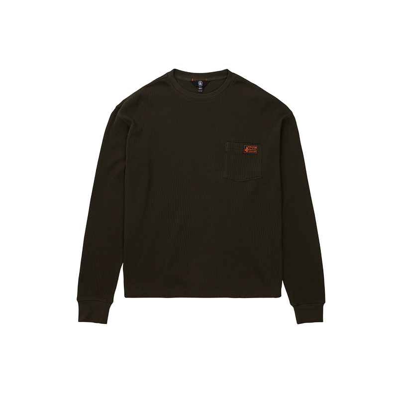 A dark olive brown ribbed long-sleeve crewneck shirt with a chest pocket and a small orange logo patch, shown flat on a white background.